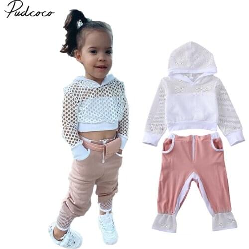 Pudcoco Baby Girls Clothes Toddler Kids Fashion Fishnet Hooded Top + Pink Pants Trousers Sports Casual Outfit Tracksuit