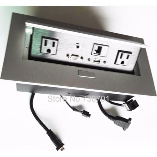 US power audio VGA HDMI data pop up open furniture socket female male power plug cable surge protector silver black panel