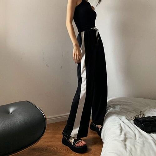 CX 2021 New Autumn Women Wide Leg Fashion Pant Lazy Splicing Loose Sport Pant High Waist Thin Black Color Contrast Mopping Pant