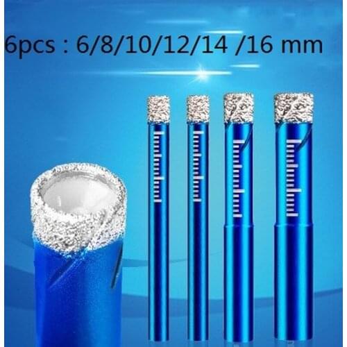 6Pcs Durable Diamond Coated Core Drill Bit Dry Drilling for Glass Marble Granite Quartz Porcelain Ceramics 6 8 10 12 14 16 mm