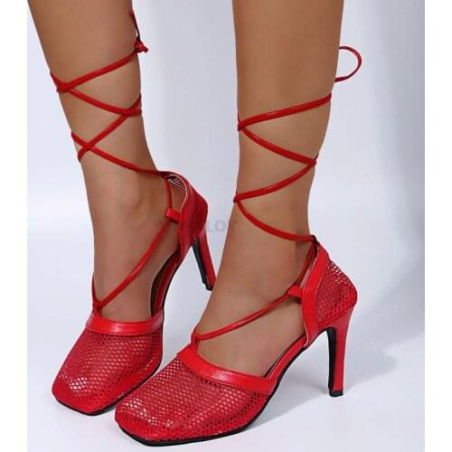 Summer Autumn Sexy Mesh Pumps Sandals Female Square Toe High Heel Lace Up Cross Tied Stiletto Hollow Dress Shoes Ytmtloy