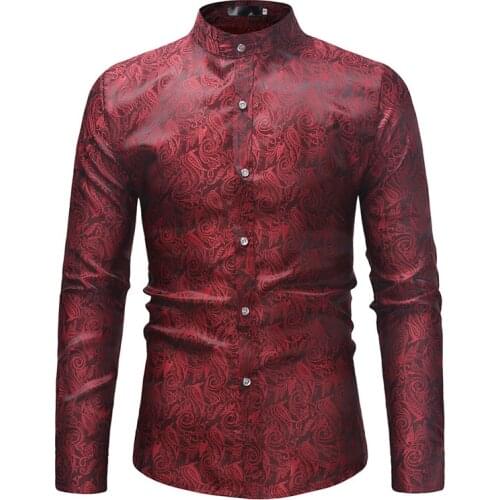 Wine Red Paisley Shirt Men 2020 Brand New Long Sleeve Mandarin Collar Dress Shirt Mens Wedding Party Tuxedo Shirts Camisa Social