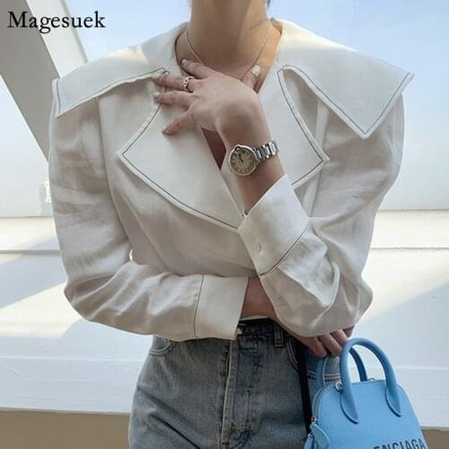 Women Turn-down Collar Long Sleeve Solid Loose Blouse Korean Chic Button Cotton White Shirt Tops Casual Women Clothing New 13823