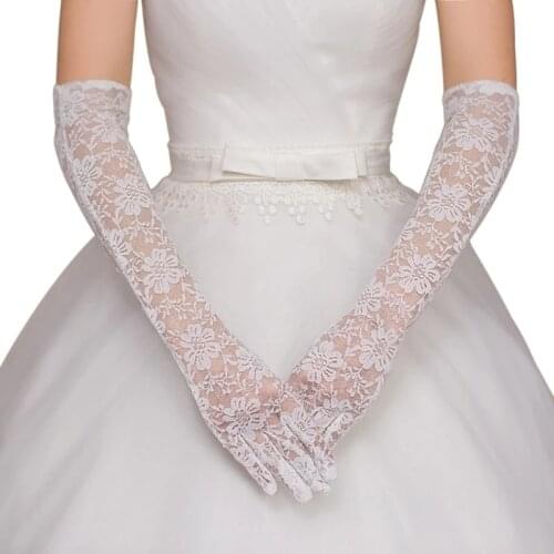 Women Bridal Gloves Elbow Length Full Finger Lace Wedding Accessories Prom Party