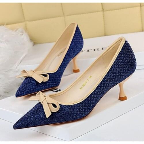 2021 Elegant Women 6cm Thin High Heels Pumps Butterfly Knots Blue Yellow Low Kitten Heels Designer Female Lolita Shoes Scarpins