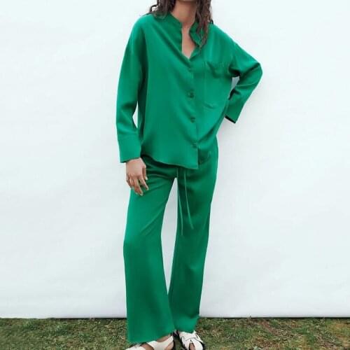Za 2021 womens green casual set pocket decoration oversized Shirt Pants Set 2-piece set solid color top and Pants Set