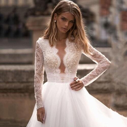 Thinyfull 2020 Elegant Pearls A Line Wedding Dresses O Neck Long Sleeve Bride Dresses Tulle Lace Appliques Button Bridal Gown