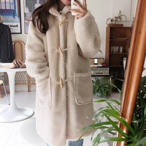 Women Winter Thicken Beige Cotton Coat Long Straight Lambwool Overcoat Jacket Horn Button Parkas Straight Warm Outerwear