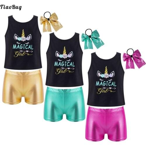 3Pcs Kids Girls Suit Round Neck Sleeveless Cartoon Horse Print Vest With Shiny Short And Bowknot Hair Ring Set For Dance Workout