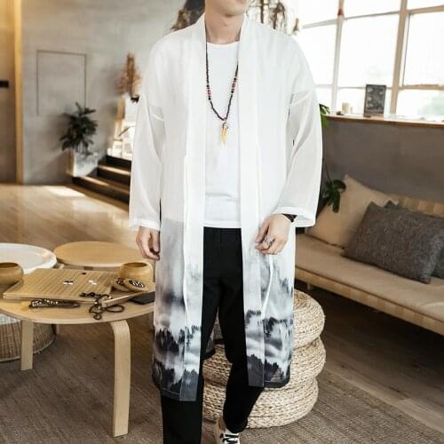 #4214 Summer Chiffon Windbreaker Men Thin Kimono Long Trench Coat Men Plus Size 5XL Sunscreen Open Stitch Chinese Style Fashion