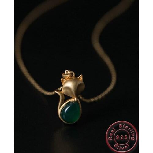 Amxiu Handmade 925 Sterling Silver Necklace Green Chalcedony Fox Pendant Necklace Wedding Jewelry For Women Girls Accessories