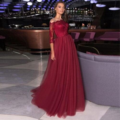 Burgundy Sheer Neckline Tulle Long Sleeves Evening Dresses 2020 Lace Applique Beaded Stones Sweep Train Formal Party Prom Dress