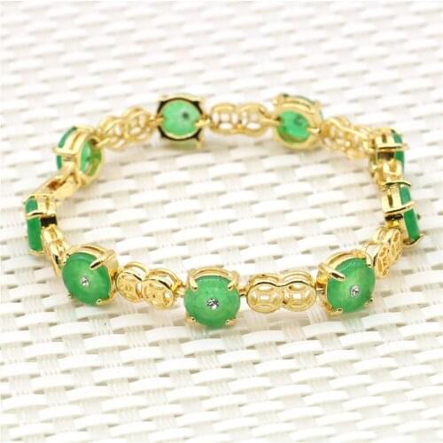 Round Shape Green Jades Emeralds Bracelet Alloy Crystal Chalcedony Natural Stone Women Girls Jewelry Hand Ornament