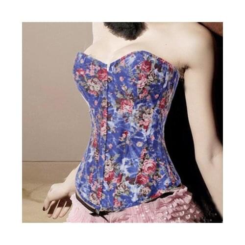 Black/Blue Flowers Printed Sexy Jeans Fashion Boned Corset Bustier Strapless Denim Corset Tops Waist Corsets