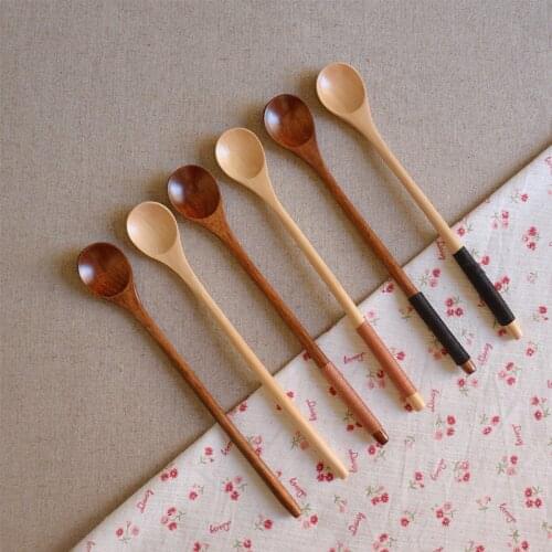Wood Soup Spoons for Eating Mixing Stirring Cooking 20cm Long Handle Spoon Japanese Style Kitchen Household Tableware