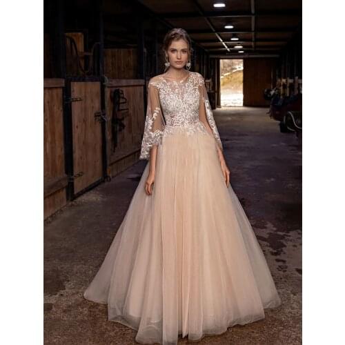 Long Puffy Sleeves Lace Wedding Dress Beach Transparent Tulle Plus Size Princess Maxi Long Appliques Bridal Gown Custom Made