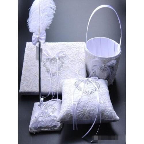 Elegant Heart Shape Diamond White Bow Book Bearer Ring Pillow & Feather Pen Set Girl Flower Basket Wedding Suppliers Favor