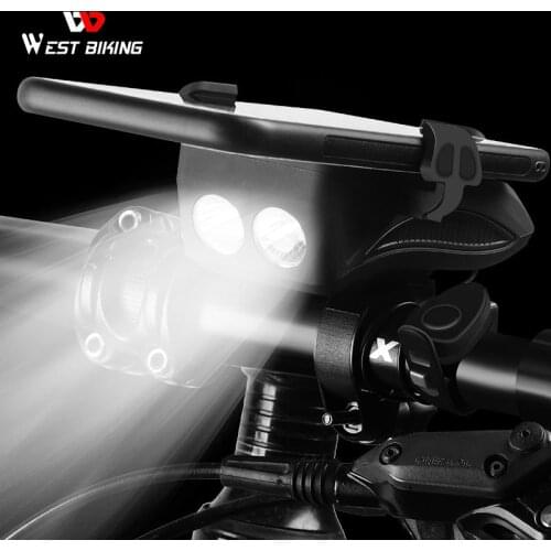WEST BIKING 4 In 1 Bicycle Light Flashlight Bike Horn Alarm Bell Phone Holder Power Bank Bike Accessories Cycling Front Lamp MTB