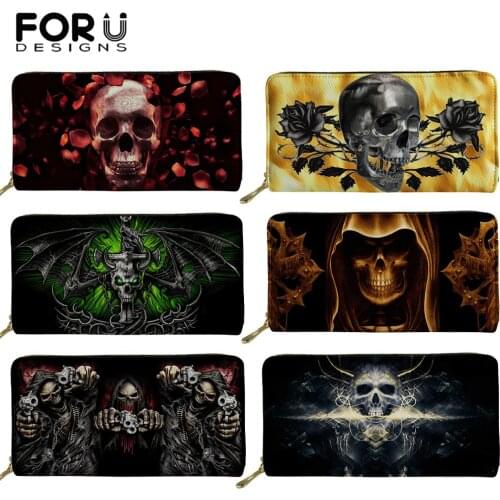FORUDESIGNS Gothic Skull Rose Print Womens Luxury Long Wallets Purse Card Holder Passport Cover Ladies Phone Packet Money Bags