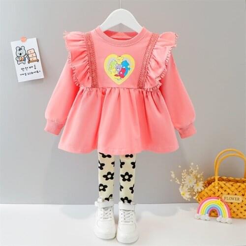 Baby Kids Girls Clothing Sets Spring Autumn Cute Cartoon Pattern Ruffles Top and Flower Printed Pants Set for Children