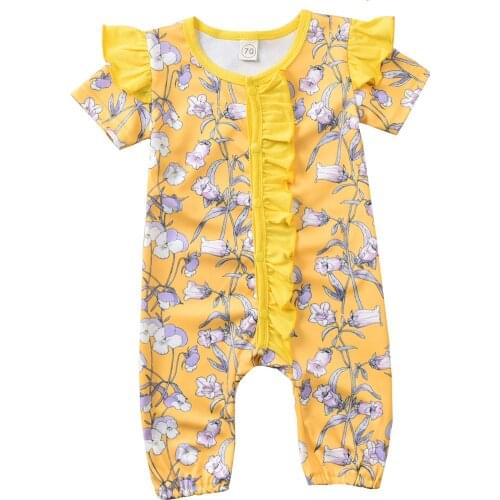 2021-04-01 Lioraitiin 0-12M Newborn Infant Baby Girl Summer Fashion Short Sleeve Lace O-Neck Yellow Jumpsuit Clothing