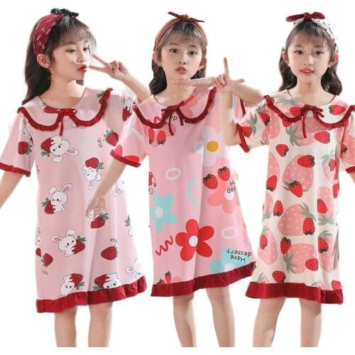 2021 Summer Girls Nightdress Clothes Summer Cartoon Nightgown Children Clothing Short Sleeved Pajamas Dress For Girls Homewear