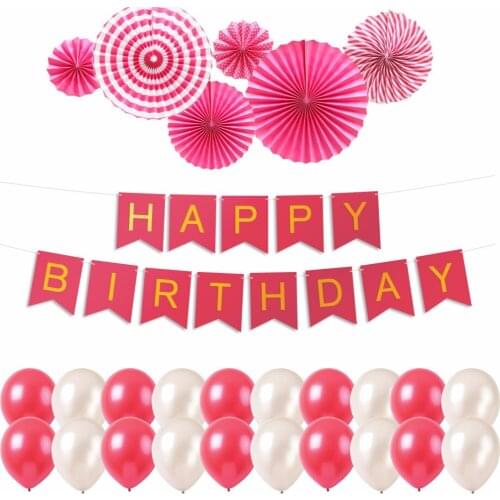 Happy Birthday Party Decoration Set,Pink Happy Birthday Banner;Hanging paper fans;Latex Balloons Kit