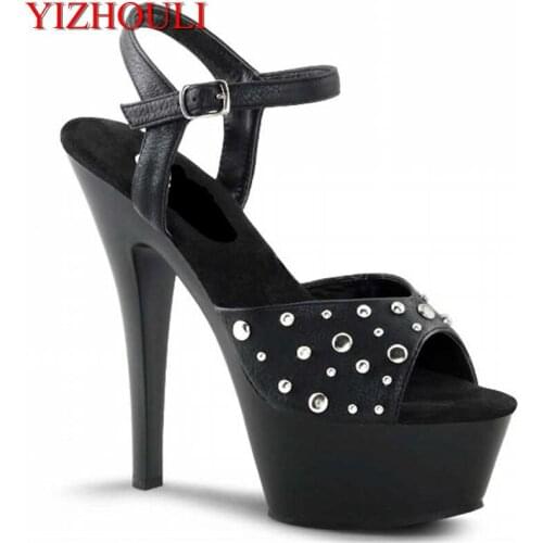 The latest fashionable black rivet 15 cm high heels, platform pole dance/performance/banquet wedding sandals