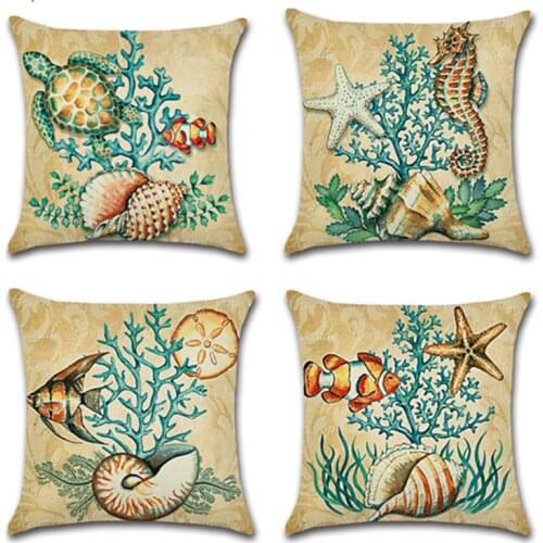 New Sea Turtle Seahorse Print Linen Cushion Cover 45X45cm Pillow Case Home Decorative Pillows Cover For Sofa Car Cojines
