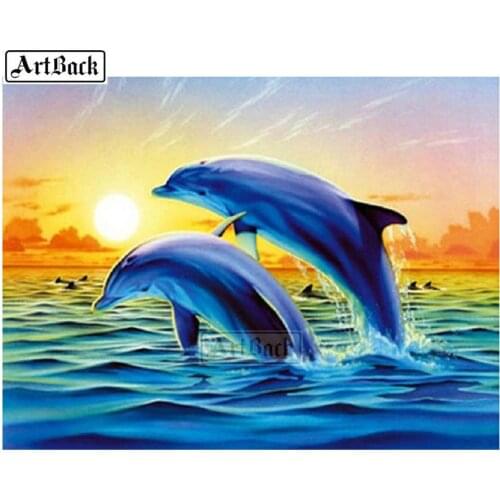 New 5d diy diamond painting sunset two dolphin landscape full square round resin drill mosaic rhinestone 3d stick diamond
