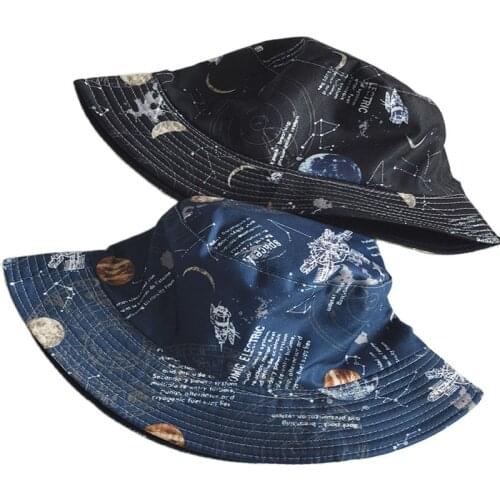 Summer Unisex Harajuku Style Double Sided Wearable Starry Sky Bucket Hats for Women Outdoor Seaside Beach Street Caps Men F018