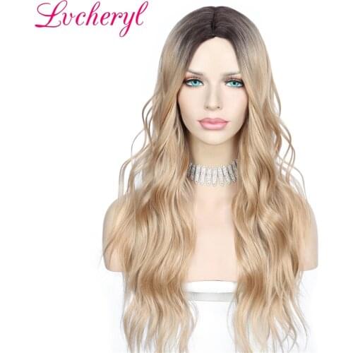 Lvcheryl Machine Made Simulated-Scalp Synthetic Wig Ombre Light Brown Color High Temperature Wig Hair Wavy Women Party Cosplay