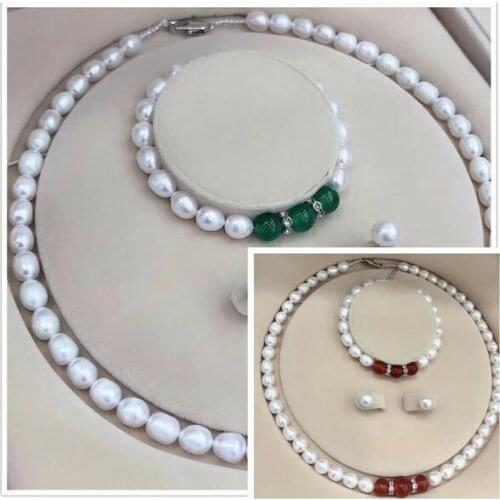 Rice White Pearl & Round Red /Green Jade Beads Necklace + Bracelet +Earrings Set