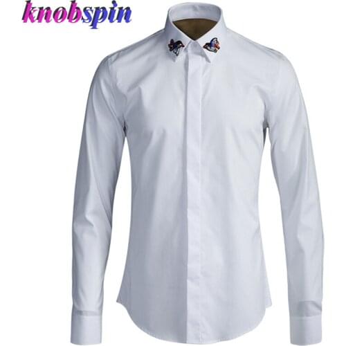 Elegant Beading Embroidery Bird Shirt men 2019 Long sleeve Solid color Slim Chemise homme 80% Cotton Business male Dress Shirts