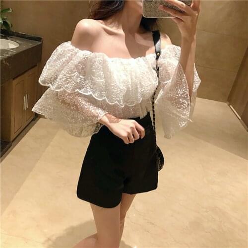 Sexy Lace Wave Off Shoulder Tops + High Waist Wide Leg Shorts Women 2 Piece Suit Stylish Ladies White Shirt and Black Shorts Set