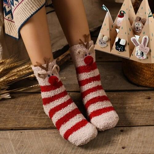 Tronzo Christmas Gift Socks Cute Animal Design Deer Women Socks 3D Fluffy Coral Velvet Thick Warm Winter Sock With Box Navidad