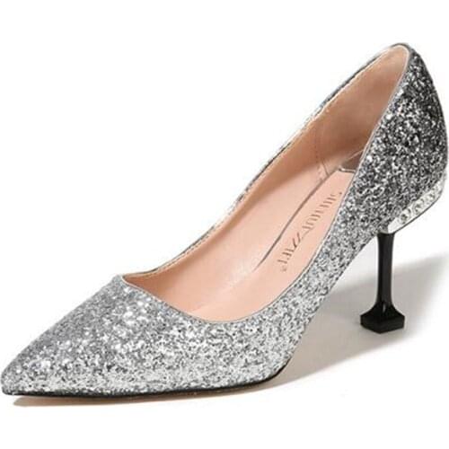 Thin High Heels Pumps Women Shoes Women Pumps Sequined Cloth Slip On 6CM 8CM Pointed Toe Rhinestones Bling Shallow size 35-40