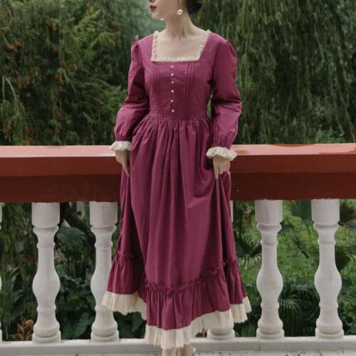 Japan Sweet Mori Girl Square Collar Purple-red Long-sleeved Ruffled Dress French Women Retro High Waist Princess Dress Tunique