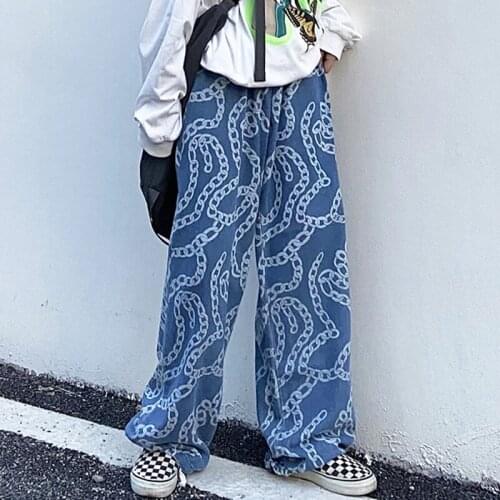 Vintage Washed Jeans Women Streetwear Jeans Harajuku Chain Print Jeans Loose Stretch Waist Jeans Fashion Man Jeans Casual Jeans