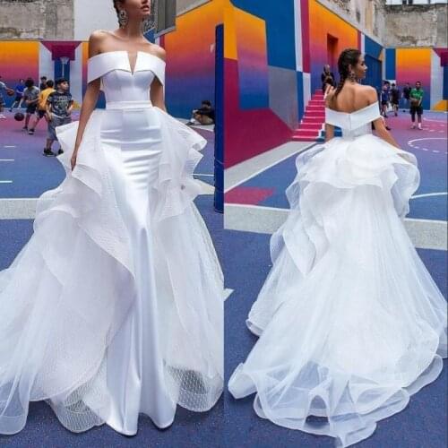 Vintage Mermaid Wedding Dresses Hot Detachable Train Off The Shoulder Short Sleeve Pleats Open Back Beach Bridal Gowns Custom