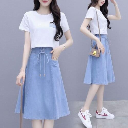 Women Summer Denim Skirt + Short sleeve Cotton T-Shirt 2pcs Set 2021 Female New Casual Thin Denim Skirts Elegant Suit Girl W3
