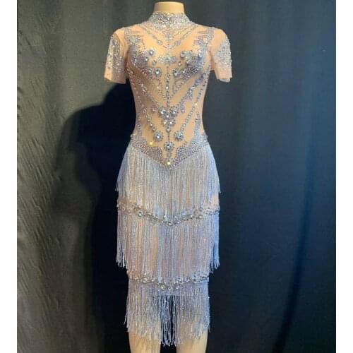 Women Birthday Party Celebrate Stones Dress Bling Silver Rhinestones Fringes Dress Backless Sexy Club Jazz Stage Costumes Women