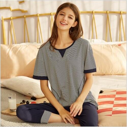 Summer Female Casual Striped Pajama sets Ladies Cotton Sleepwear suit Women Round collar t shirt & Calf-Length Pants 3XL