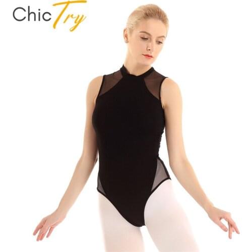 ChicTry Adult High Neck Sleeveless Mesh Splice Leotard Gymnastics Leotard for Women Tutu Ballet Dance Costume Fitness Bodysuit