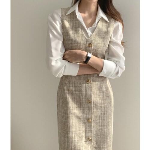 New 2021 Autumn Winter Women 2 Piece Dresses Set Tweed Woolen Vest Elegant Office Ladies White Shirt Suit MH669
