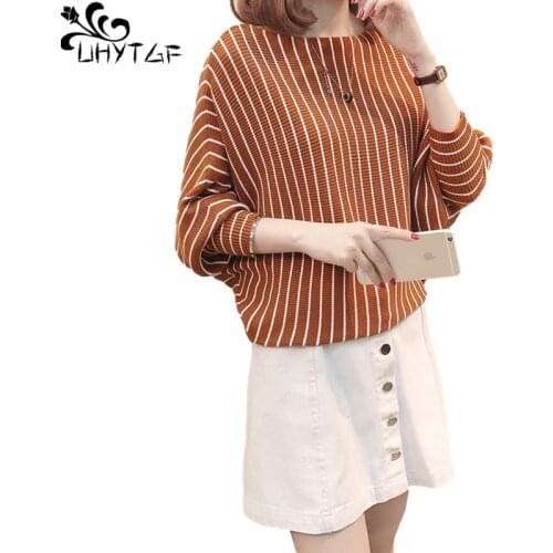 UHYTGF Spring and Autumn Knitted Sweater Women Pullover Tops Bat Sleeve Thin Striped Plus Size Woman Sweaters Mujer Suéteres 948