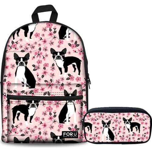 NOISYDESIGN 2pcs/set School Bags Backpack Schoolbag Boston Terrier Printing School Backpack for Girls Teenager Mochila Escolar