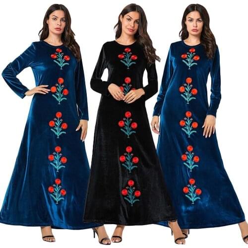 Velvet Abaya Women Floral Long Sleeve Dress Muslim Embroidery Robe Kaftan Jilbab Arab Islamic Clothing Autumn Gown 2019 Dresses