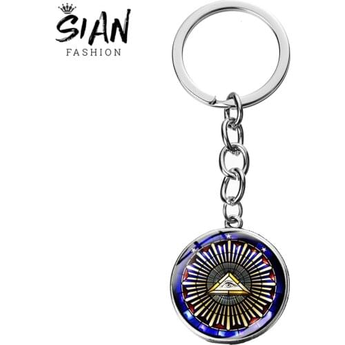 SIAN Masonic Illuminati Pyramid Eye Alloy Keychain Freemasonry Symbol Glass Cabochon Pendants Key Ring Mason Gift for Men Women
