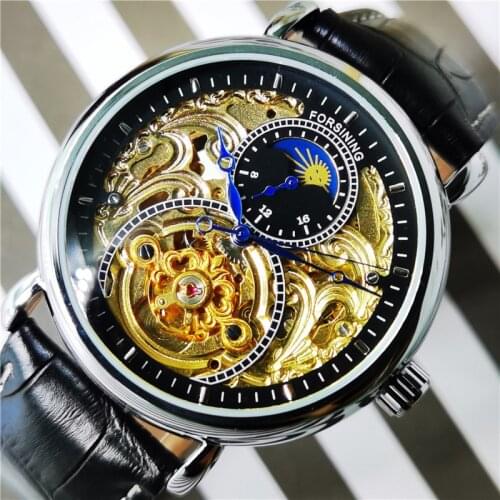 Forsining Luxury Brand Black Leather Moonphase Fashion Blue Hand Skeleton Waterproof Man Automatic Mechanical Watch For Men